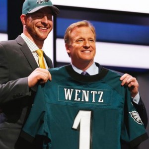 Apr 28, 2016; Chicago, IL, USA; Carson Wentz (North Dakota State) with NFL commissioner Roger Goodell after being selected by the Philadelphia Eagles as the number one overall pick in the first round of the 2016 NFL Draft at Auditorium Theatre. Mandatory Credit: Kamil Krzaczynski-USA TODAY Sports