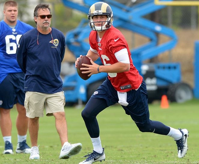 Jun 14, 2016; Oxnard, CA, USA; Los Angeles Rams head coach Jeff Fisher watches quarterback Jared Goff (16) make a pass during minicamp workouts at River Ridge Fields. Mandatory Credit: Jayne Kamin-Oncea-USA TODAY Sports