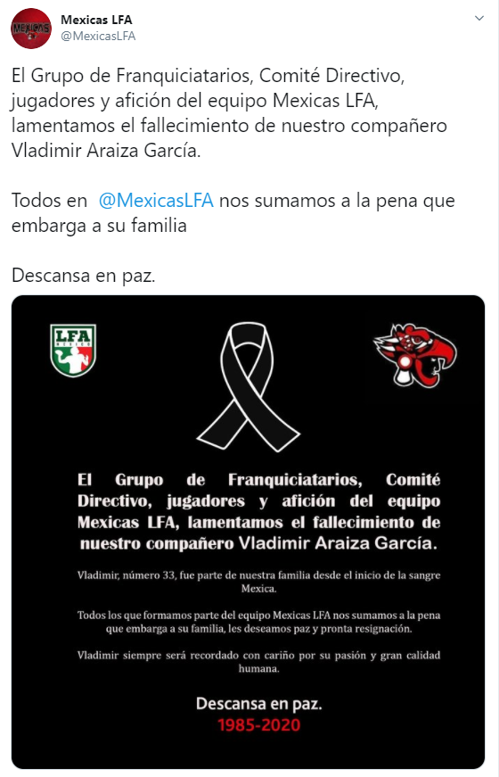 Vladimir Araiza, exjugador de Pumas CU y de Mexicas de la LFA, murió; luto en los emparrillados